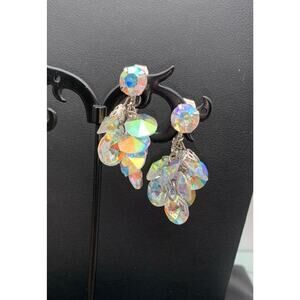 Vintage AB Aurora Borealis Rivoli Crystal Dangle Stunning Clip On Earrings